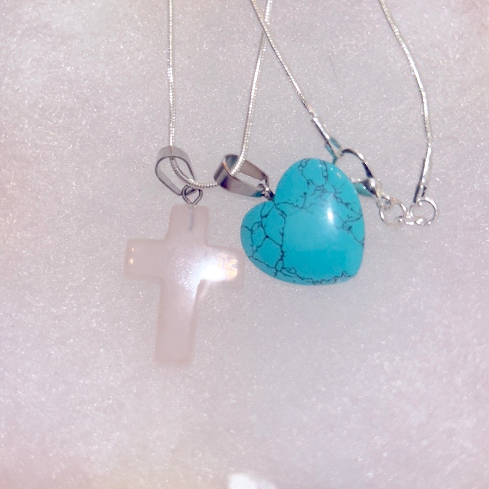 Boho hippie Rose Quartz Crystal Cross & Turquoise heart Sterling Silver 16” N… - Picture 1 of 6